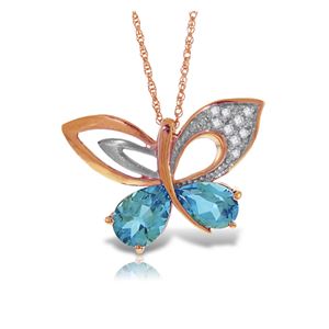 ALARRI 14K Solid Rose Gold Batterfly Necklace w/ Natural Diamonds & Blue Topaz