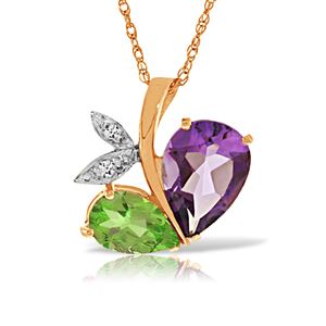 ALARRI 14K Solid Rose Gold Modern Heart Necklace Combination Of Amethyst, Peridot & Diamond