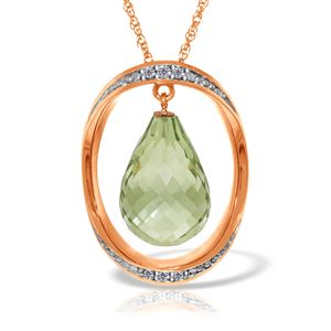 ALARRI 14K Solid Rose Gold Necklace w/ Natural Briolette Green Amethyst & Diamonds
