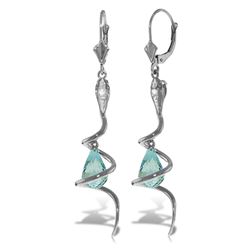 ALARRI 14K Solid White Gold Snake Earrings w/ Dangling Briolette Blue Topaz & Diamonds