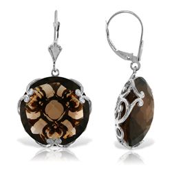 ALARRI 14K Solid White Gold Leverback Earrings w/ Checkerboard Cut Round Smoky Quartz