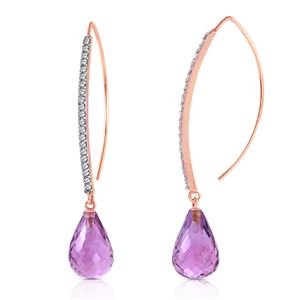 ALARRI 14K Solid Rose Gold Diamonds Fish Hook Earrings w/ Dangling Briolette Amethysts