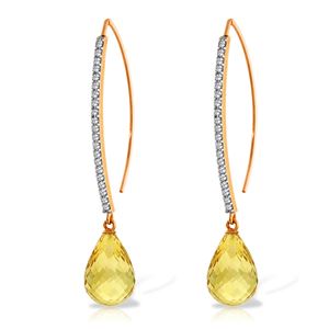 ALARRI 14K Solid Rose Gold Diamonds Fish Hook Earrings w/ Dangling Briolette Citrines