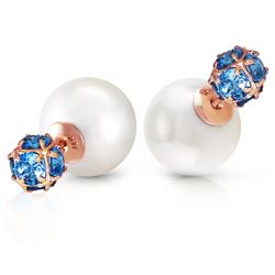ALARRI 14K Solid Rose Gold Tribal Double Shell Pearls And Blue Topaz Stud Earrings