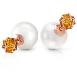 ALARRI 14K Solid Rose Gold Tribal Double Shell Pearls And Citrines Stud Earrings