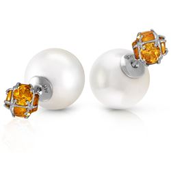 ALARRI 14K Solid White Gold Tribal Double Shell Pearls And Citrines Stud Earrings