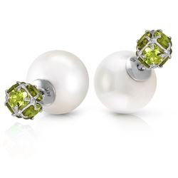 ALARRI 14K Solid White Gold Tribal Double Shell Pearls And Peridots Stud Earrings