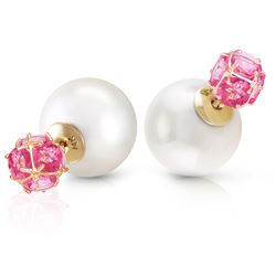 ALARRI 14K Solid Gold Tribal Double Shell Pearls And Pink Topaz Stud Earrings
