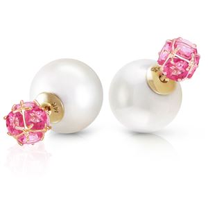ALARRI 14K Solid Gold Tribal Double Shell Pearls And Pink Topaz Stud Earrings
