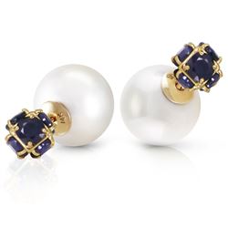 ALARRI 14K Solid Gold Tribal Double Shell Pearls And Sapphires Stud Earrings