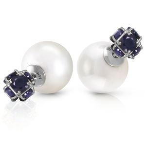 ALARRI 14K Solid White Gold Tribal Double Shell Pearls And Sapphires Stud Earrings