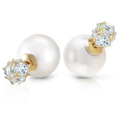 ALARRI 14K Solid Gold Tribal Double Shell Pearls And Aquamarines Stud Earrings
