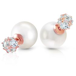 ALARRI 14K Solid Rose Gold Tribal Double Shell Pearls And Aquamarines Stud Earrings