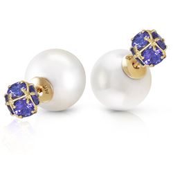 ALARRI 14K Solid Gold Tribal Double Shell Pearls And Tanzanites Stud Earrings