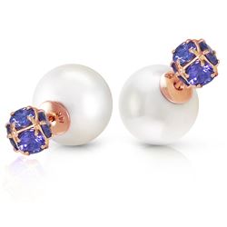 ALARRI 14K Solid Rose Gold Tribal Double Shell Pearls And Tanzanites Stud Earrings