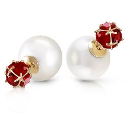 ALARRI 14K Solid Gold Tribal Double Shell Pearls And Rubies Stud Earrings