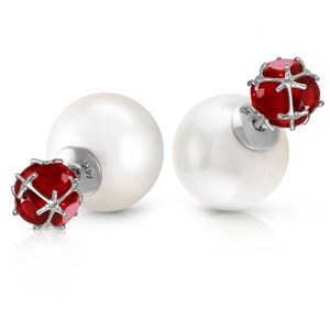 ALARRI 14K Solid White Gold Tribal Double Shell Pearls And Rubies Stud Earrings