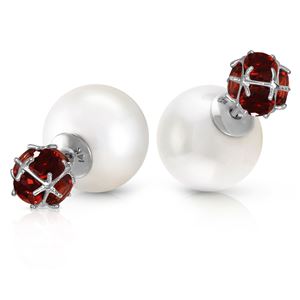 ALARRI 14K Solid White Gold Tribal Double Shell Pearls And Garnets Stud Earrings