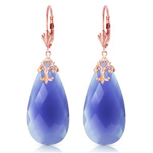 ALARRI 14K Solid Rose Gold Leverback Earrings w/ Briolette 31x16 mm Deep Blue Chalcedony
