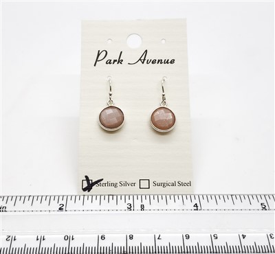 SS Bezel Earrings. 10mm Round. Peach Moonstone