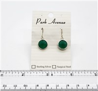 SS Bezel Earrings. 10mm Round. Green Agate