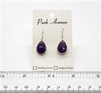 SS Bezel Earrings. 11x16mm Tear Drop. Amethyst