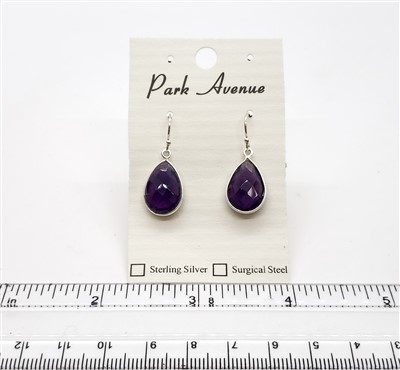 SS Bezel Earrings. 11x16mm Tear Drop. Amethyst