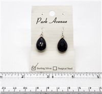 SS Bezel Earrings. 11x16mm Tear Drop. Black Onyx