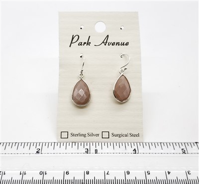 SS Bezel Earrings. 11x16mm Tear Drop. Peach Moonstone