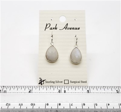 SS Bezel Earrings. 11x16mm Tear Drop. Rainbow Moonstone