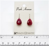 SS Bezel Earrings. 11x16mm Tear Drop. Dyed Ruby