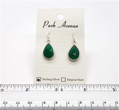 SS Bezel Earrings. 11x16mm Tear Drop. Green Agate