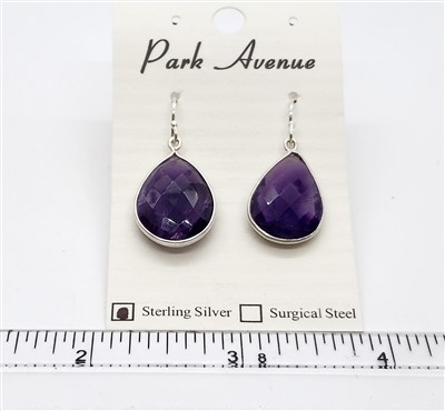 SS Bezel Earrings. 15x20mm Tear Drop. Amethyst