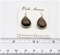 SS Bezel Earrings. 15x20mm Tear Drop. Smoky Quartz