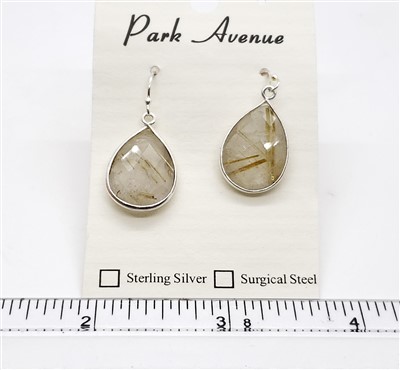 SS Bezel Earrings. 15x20mm Tear Drop. Rutilated Quartz