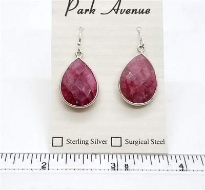 SS Bezel Earrings. 15x20mm Tear Drop. Dyed Ruby