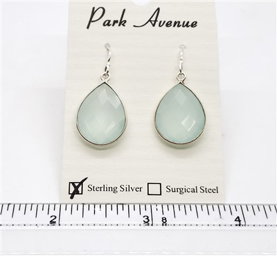 SS Bezel Earrings. 15x20mm Tear Drop. Teal Chalcedony