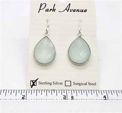 SS Bezel Earrings. 15x20mm Tear Drop. Teal Chalcedony