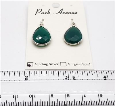 SS Bezel Earrings. 15x20mm Tear Drop. Green Agate