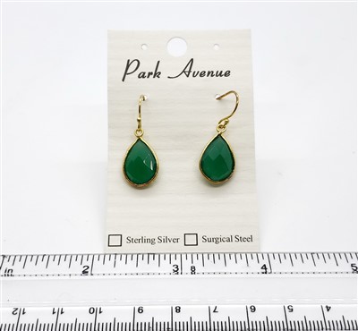 VS Bezel Earrings. 11x16mm Tear Drop. Green Agate