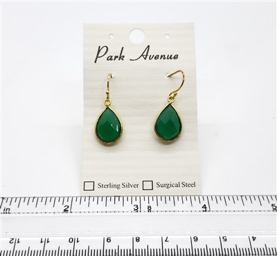 VS Bezel Earrings. 11x16mm Tear Drop. Green Agate