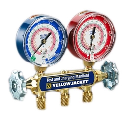 Yellow Jacket 41632 Manifold only w/ 3-1/8" Color-Coded Gauges, Bar/Psi, R-22/134A/413A