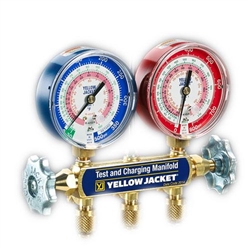 Yellow Jacket 41863 Manifold w/ 5/16"-1/4"-5/16" & 1/4" service fittings, R/B Gauge, Kpa/Psi, R-410A