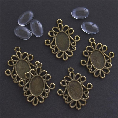 Antique Brass Oval Scroll 10x14mm Bezel, 5pc