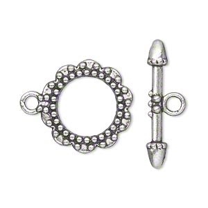 Antique Silver Plate 20mm Beaded Round Toggle, 1pc