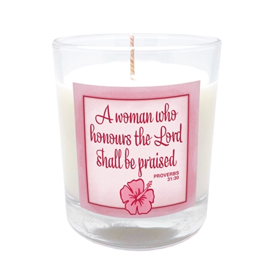 GLIMMER OF HOPE Scripture Candle "A woman who honours the Lord..." - Hibiscus