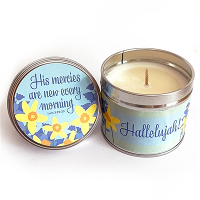 "His mercies are new every morning"  Scripture Candle Tin - Bluebell fragrance
