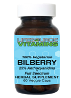 Bilberry (Organic) Leaf - 250 mg -w/ Bilberry Leaf Extract -50 mg - 60 Vegetarian Capsules