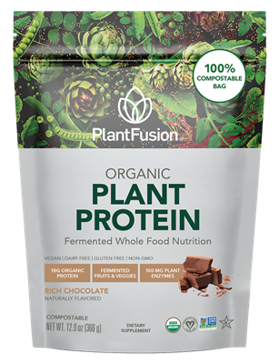 PlantFusion-  Organic Vegan Protein Powder - Rich Chocolate - 12.9 oz - 12 Servings Compostable Bag