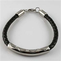 Braided Black Leather and Stainless Steel Bracelet